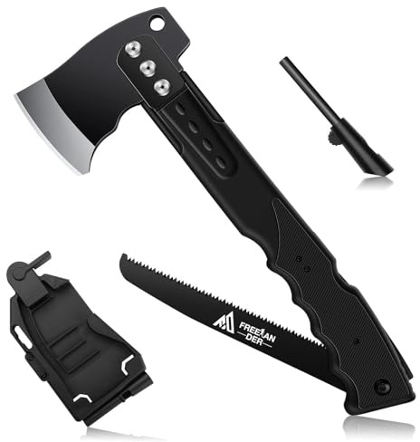 Freelander Scharfe Axt 5-in-1 mit Säge, Camping Beil mit Scheide und Pfeife, 34CM Camping Axt, Spaltaxt Outdoor, für Camping Wandern Survival, Schwarz