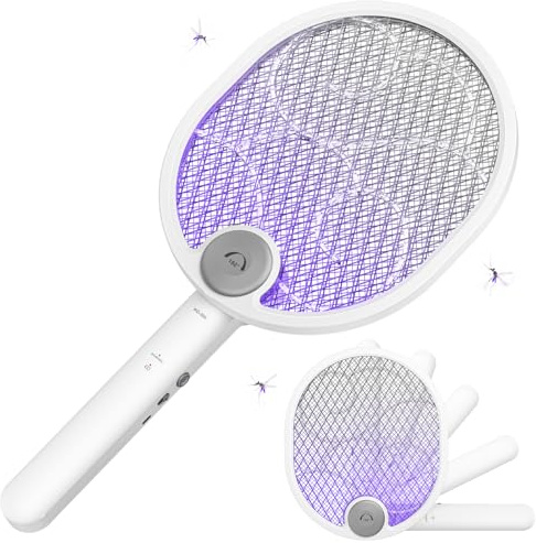 WOCVRYY Elektrische Fliegenklatsche 4000V, 1800mAh Akku, USB-C Wiederaufladbar, 3-in-1 Insektenvernichter gegen Fliegen, Mücken und Wespen, LED Licht für Innen und Außen