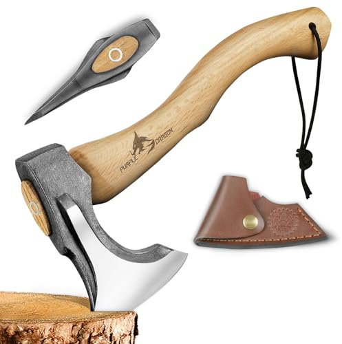 Purple Dragon Beil Axt Outdoor,Äxte Holz Spalten,35cm Spaltaxt für Holz,Handgeschmiedet Handbeil mit Kuhfuß,Bushcraft Axt mit Holzgriff und Lederscheide,Camping Äxte Geschenk für Männer