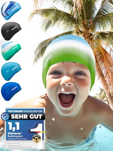 KIDVERSE Badekappe Kinder wasserdicht - Schwimmhaube Kinder mit Anti-Rutsch-Noppen - Badekappen für Schwimmer mit UV Schutz - Schwimmhaube Jungen - Reißfeste Badehauben in verschiedenen Größen