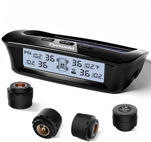 Tymate Reifendrucküberwachungssystem - Solarladung, 5 Alarmmodi, automatische Hintergrundbeleuchtung & Schlaf- & Wachmodus, Reifenpositionsaustausch, mit 4 externen Tmps-Sensor (0-87 psi)