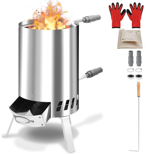 Vigevee Poolheizung mit Feuer und Heizspirale, Poolheizung Feuertonne, 100% rostfreier Edelstahl Schwimmbadheizung Ø 32-38 mm Anschluss, Poolofen Feuertonne mit Feuerfestmatten und Tablett