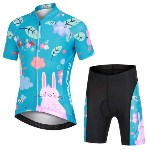L PATTERN Kinder Radtrikot Set Jungen radsport anzüge (Fahrrad Trikot Kurzarm + Radhose) Mädchen Fahrradbekleidung Anzug mit Sitzpolster, Blumen und Hase, 110/116(Tag:S)