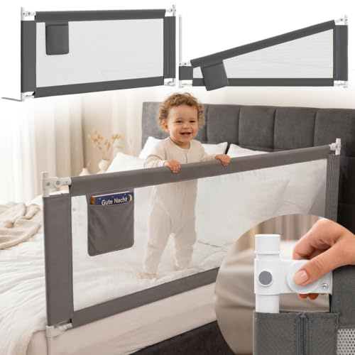 Bellabino Drina Rausfallschutz 150 cm, Dunkelgrau, mit Gurt, Seitentasche | Bettschutzgitter höhenverstellbar 64-95 cm, Baby Bettumrandung, Schutzgitter Bett/Kinderbett, Bettgitter, Bettrausfallschutz