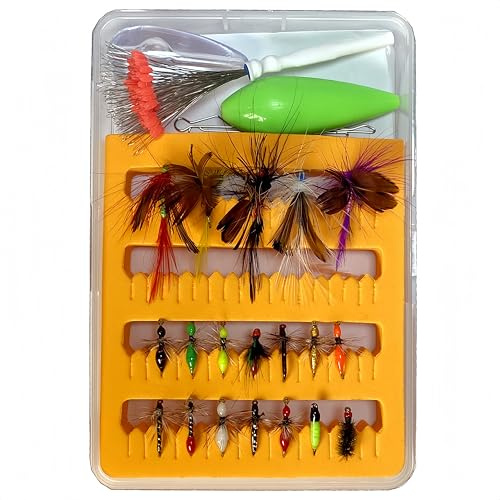 DAYUYUE 19 teiliges Fliegenfischer Mix Set Zubehör 102 Stück in Kunststoff Angelgerätebox enthalten (Style-a)