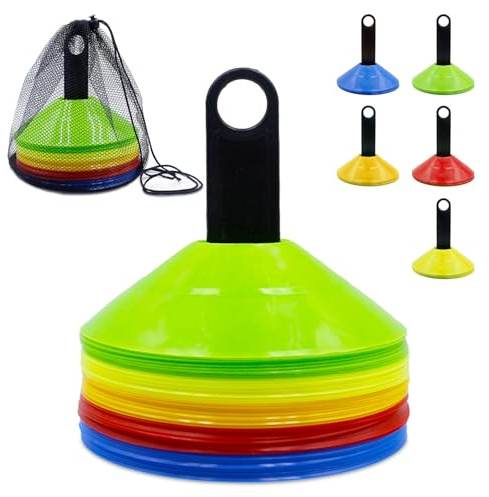 Druuzyl 50 Stück Markierungshütchen mit Ständer & Netztasche - 5 Farben Sportkegel Set für Fußball, Hockey, Eislauf & Handballtraining (Ideal für Koordinationsübungen, Agilitätstraining & Kinder-Sport