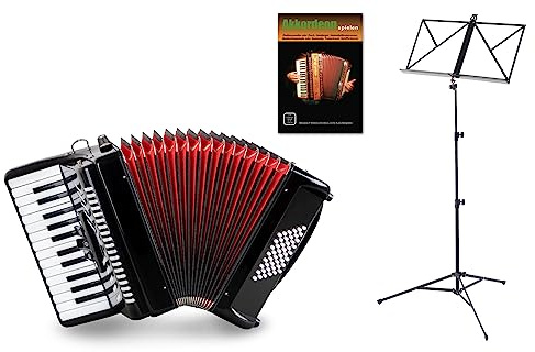 Classic Cantabile 48 Bass Akkordeon Secondo V Set Schwarz, 48 Bassknöpfe | 26 Diskanttasten, 2-chörig, 3 Diskantregister, 2 längenverstellbare Gurte, Abmessungen (BxHxT): 35 x 39 x 18 cm, 9 kg, 15 kg
