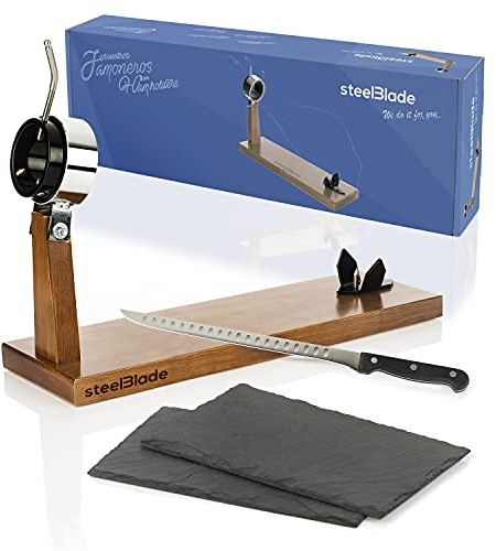 Steelblade - 360° drehbarer Schinkenständer aus lackiertem Holz + Schinkenmesser 28 cm + 2 Teller aus Naturschiefer, hergestellt in Spanien, 2 Positionen für Schinken und Paletten