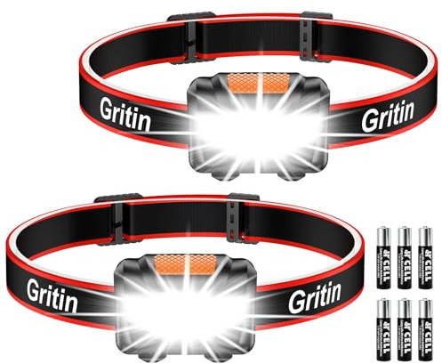 Gritin Stirnlampe LED, [2 Stück] LED Stirnlampe Kopflampe Superhell mit 3 Modi, IPX5 Wasserdichte Leichtgewichtige Mini Stirnlampe fürs Laufen, Campen, Joggen, Angeln