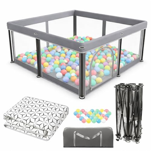 Laufstall Baby Faltbar Playpen with Mat - 127x127CM-Laufgitter, Schneller Aufbau, Sicher & Tragbar für drinnen & draußen (Grau)