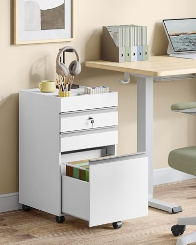 Hzuaneri Rollcontainer 40 x 40 x 70 cm 3 Schubladen abschließbar weiß | 3 Schubladen, abschließbar, Zentralverriegelung. Für DIN A4, Letter. Büro, Homeoffice. Stabiler Aktenschrank.FC41003XV1.