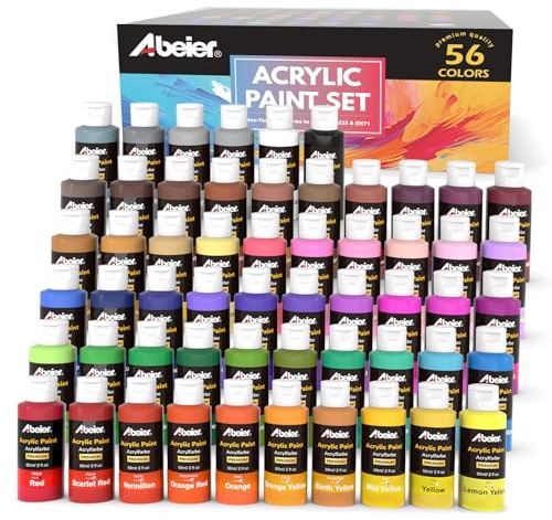 ABEIER Acrylfarben Set, 56 Acryl Farben in Flaschen (je 60ml), Hochwertige, Ungiftig, Wasserfest, Art Acrylfarben für Anfänger, Erwachsene, Kinder auf Leinwand, Felsen, Holz, Keramik, Stoff