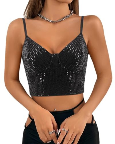 Segreto Damen Glitzer Pailletten Tanktop Spaghettiträger | Sexy Crop Top, Ärmellos Trägertop, Festival Party Club Metallisch Schwarz Camisole