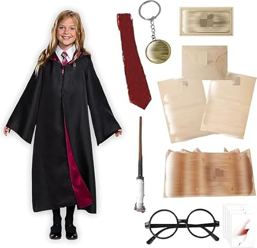 Amazluck Magic Robe, Zauberer-Kostüm für Kinder Umhang Cosplay mit Zauberumhang Rote Krawatte Zauberhut Zauberstab Brillengestell für Halloween Karneval Verkleidung Party Fancy Dress