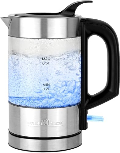 ProfiCook Wasserkocher Edelstahl beleuchtet, 0,5 Liter Mini Wasserkocher mit blauer Beleuchtung, Teekocher Reisewasserkocher klein/Wasserkocher klein ideal für Reise Babynahrung, PC-WKS 1228 G