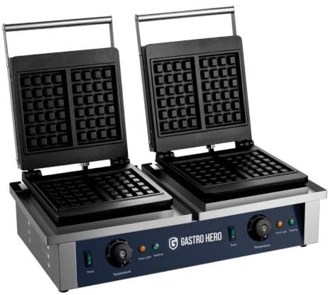 GastroHero belgisches Waffeleisen, 4 Waffeln/Backvorgang, Edelstahl FY-2202 | Profi-Waffeleisen, Temperatur getrennt regelbar, Backplatte aus Aluminium, Waffelmaße 170x105 mm, Tiefe der Einkerbung 11 mm