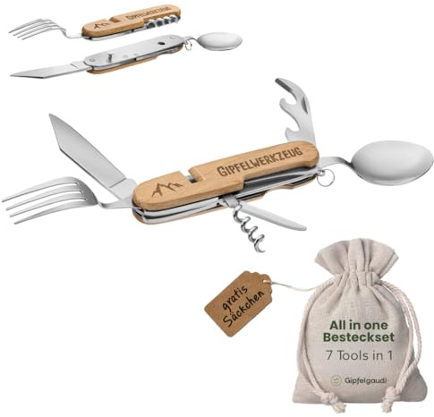 Gipfelgaudi All-in-One Camping Besteck: ideal zum Wandern, Picknick & mehr I Plastikfreies Besteck To Go aus rostfreiem Edelstahl & Holz