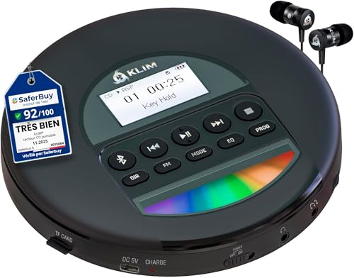KLIM Nomad CD Player Bluetooth – Tragbarer Discman mit langlebigem Akku – Inklusive Kopfhörer – CD-R, CD-RW, MP3 – Mit TF-Reader, FM-Radio – Ideal für Autos – Tragbarer Musik-Player
