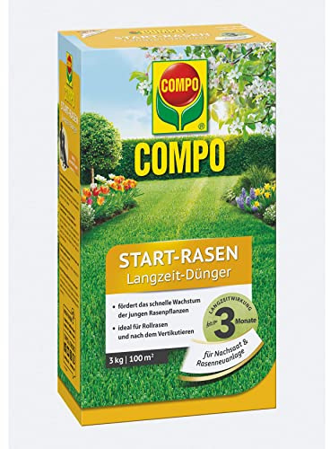 COMPO Start-Rasen Langzeit-Dünger, Rasendünger für junge Rasenpflanzen und für Rollrasen nach dem Vertikutieren, 3 kg