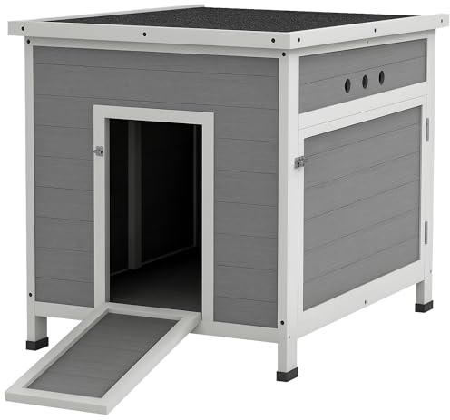 PawHut Entenstall Entenhaus aus Holz mit Asphaltdach, herausnehmbarem Boden, Seitentür, Geflügelstall mit Belüftungslöchern, wetterfest Gänsestall Hühnerhaus Hellgrau 63 x 82 x 76 cm