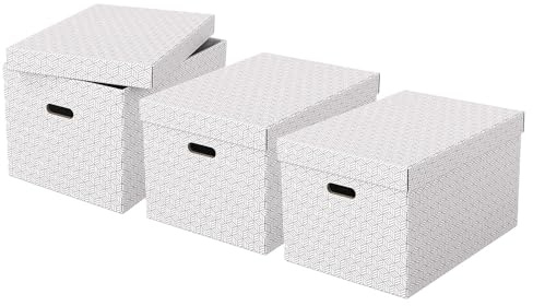 Esselte 3er Set große Aufbewahrungs- & Geschenkboxen mit Deckel, Schachteln für Wohnung/Büro & Organisationszwecke, 100% recycelter Karton, 100% recycelbar, geometrische Designs, Weiß, 628286