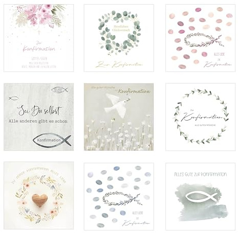 Edition Seidel Set 9 Premium quadratische Karten zur Konfirmation mit Umschlägen. Glückwunschkarten Konfirmationskarten Doppelkarten Klappkarten Kartenset Karte Spruch Kinder Jugendliche (SW026)