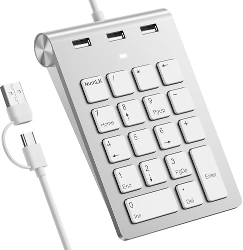Rytaki Pro USB-C & USB-A Numpad Wired – Nummernblock mit 3 USB 2.0 Hub, 18-Tasten Ziffernblock für Laptop/Desktop/iPad, 15° Ergonomic Nummernblock Tastatur Plug & Play für Windows/macOS/Chrome OS