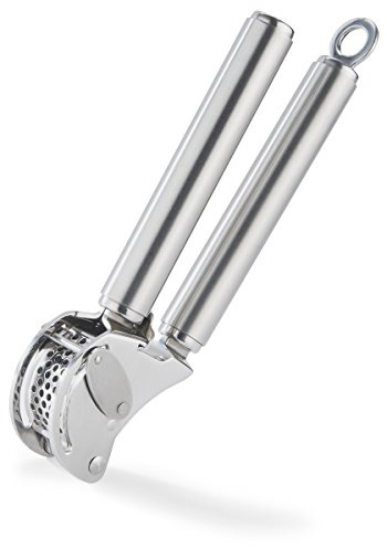 RÖSLE Knoblauchpresse mit Abstreifer, Edelstahl 18/10 | Presse in Profi-Qualität für Ingwer und Knoblauch, mit klappbarem Sieb, spülmaschinengeeignet, silbern