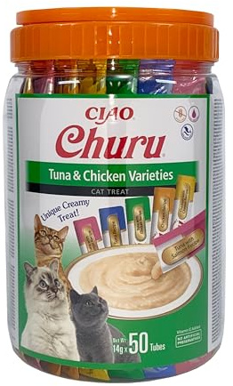 INABA Churu, Katzenleckerlis Creamy Snack mit Huhn & Thunfisch, 50 x 14g | Variety Box für Tierarzt, Training, Bindung, Getreidefrei, Zuckerfrei, Kalorienarm, Echtes Fleisch, Premium Katzen Leckerlis