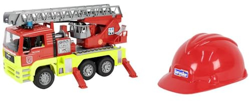 Bruder 01760 - MAN TGA - Feuerwehrauto mit Licht und Sound, Drehleiter und Kinder-Helm