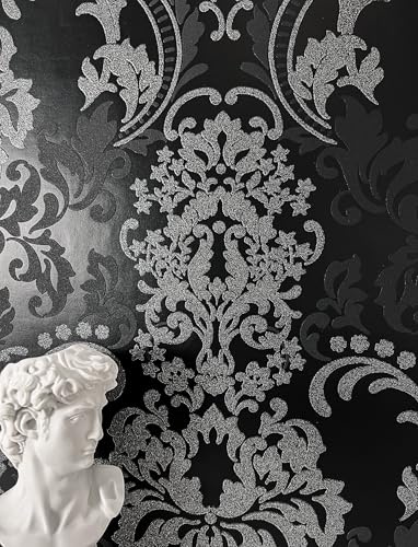 NEWROOM Barocktapete Tapete Schwarz Ornament Barock Vliestapete Vlies Glitzer Glänzend moderne Design Optik Barocktapete Wohnzimmer Glamour inkl. Tapezier Ratgeber