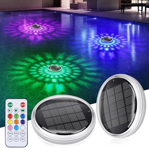 INTERESTIME Poolbeleuchtung Unterwasser Solar, RGB Pool Licht Schwimmende | 2 Stück Pool Beleuchtung mit Fernbedienung, 12 Farbmodi, Timer, Wasserdicht für Whirlpool,Teichbeleuchtung, Schwimmbad Deko