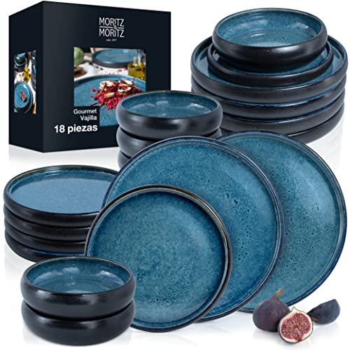 Moritz & Moritz Steingut Geschirr Set 6 Personen 18-tlg - Geschirrset 6 Personen Blau aus je 6 Dinner Teller, Kleine Teller, Tiefe Teller - Serie Solid