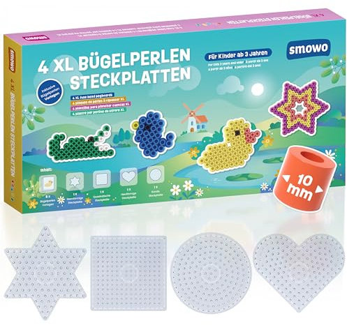 Smowo® 10mm Bügelperlen Platten in vielen Formen - Set mit 4 Steckplatten und Vorlagen - Rund, Stern, Viereck, Herz – Große Maxi Stiftplatten für Kinder ab 3 Jahren