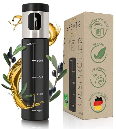 SESATO® | 𝑫𝒆𝒍𝒖𝒙𝒆: Ölsprüher | hygienisch verschließbar & UV-Schutz | Öl Sprühflasche für Küche, Airfryer & Grill – BPA-frei, Sprüher speziell zum Kochen in Matt-schwarz