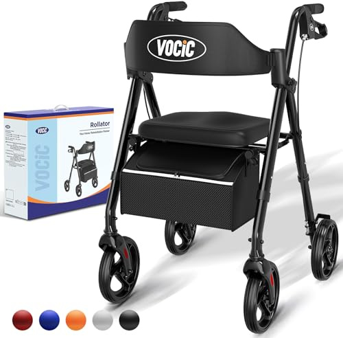 VOCIC Rollator Faltbar und Leicht mit Sit,Rollatoren Schmal für Wohnung,Rollatoren für Senioren Klappbar mit 20cm Reifen für All Gelände,Sitz und Griff Höhenverstellbar,5 Jahre Support|Schwarz