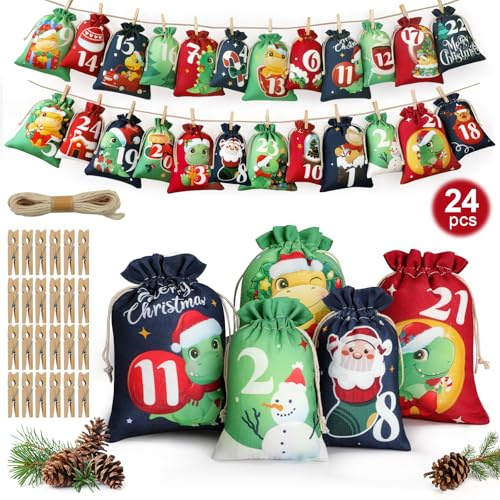 Edonkvi Adventskalender zum Befüllen Kinder, 24 Weihnachtskalender Selber Machen Säckchen Stoff, Jutesäckchen Groß Tüten Selbstgemachter, Kalender Selbstbefüllen Dino Befüllbarer für Mädchen Jungen