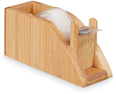 Relaxdays Tischabroller Bambus, Klebestreifen Spender für 25mm Rollen, Klebebandabroller mit Abrisskante, basteln, Natur