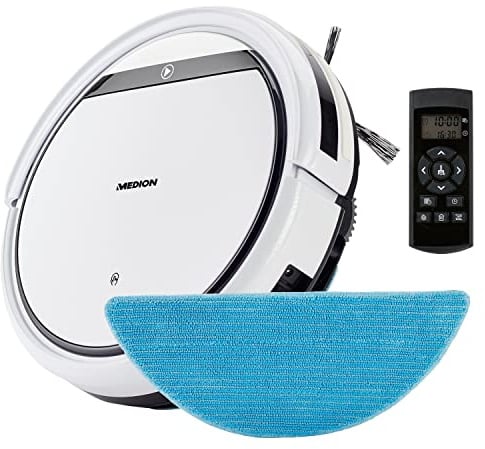 MEDION Saugroboter mit Wischfunktion E32 SW (2in1 Roboterstaubsauger für Böden Fliesen, Tierhaare Allergiker optimiert, Fernbedienung, Ladestation)