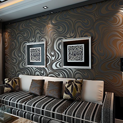 MEAIHOME Moderne abstrakte 3D-Kurven-Vlies-Beflockung gestreift für Tapetenrolle 0,7m (2,29' B) x 8,4m (27,56' L) = 5,88m² (63,11 sq.ft) (Schwarz & Braun)
