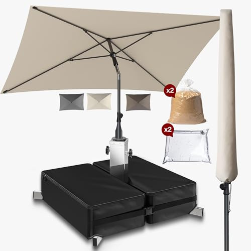 4smile Sonnenschutz Balkon Set 3-teilig, Beige - Sonnenschirm rechteckig 200x125cm + Sonnenschirmständer + Schirmhülle - Sonnenschirm Balkon mit Ständer, Balkonschirm knickbar höhenverstellbar