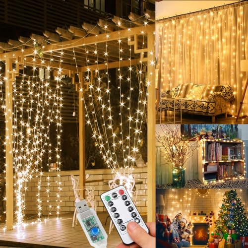 WEARXI Lichterkette, 3×3m 300 LED Lichtvorhang, 8 Modi LED Lichterkette Vorhang für Innen & Außen, Outdoor, Zimmer, Party, Balkon deko, Valentinstag Deko, Weihnachtsdeko(Warmweiß)
