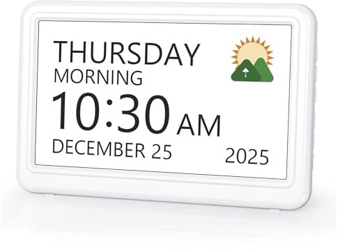 Roxicosly Digitaler Kalender, Elektronischer Tag Datum Wecker, Digital Uhr mit 20 Benutzerdefinierte Erinnerungen, 20 Wecker, 12 Themen, 10 Stufen Dimmer, 7 Zoll, Demenz Uhr für Senioren (Netzbetrieb)