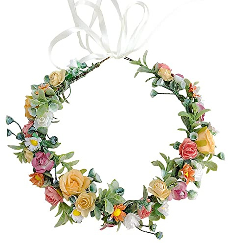 Xinyanmy Blumenkranz Haare Blumenkrone für Frauen Mädchen Blumenstirnband Künstliche Blumen Krone Haar Blumenkranz Haarband Mit Band für Party Festival Hochzeit Zeremonie