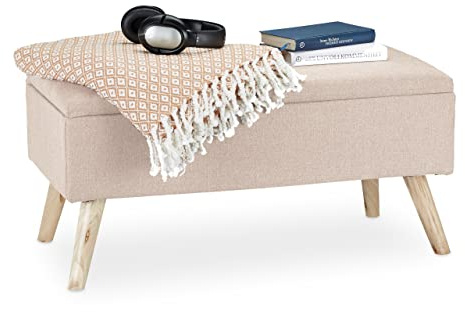 Relaxdays Sitzbank mit Stauraum, gepolstert, Holzbeine, Truhenbank Stoffbezug, HxBxT: 39,5 x 79,5 x 39,5 cm, beige