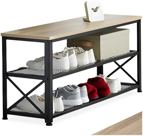 tectake® Schuhregal schmal mit Sitzfläche, Schuhbank aus Holz Metall, Industrial Style, 3 Ebenen mit 2 Gitterablagen, 101 x 30,5 x 45,5 cm (Industrial Holz hell, Eiche Sonoma)