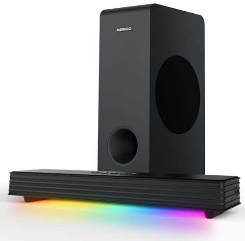 MEREDO Soundbar für TV Geräte mit Subwoofer 3.1 Kanal PC-Gaming Soundbar RGB Audio Sync Licht BT 5.3/HD-ARC/Optisch/AUX/USB TV Computer Lautsprecher für Desktop/Laptop Spielkonsolen Heimkino
