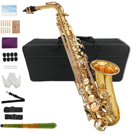Yinfente Eb flaches Saxophon mit 10 Blättern, 8 Pads, Hartschalenkoffer und mehr, für Studenten, Anfänger, Erwachsene, Altsaxophon, Saxophon-Set, (goldfarben)