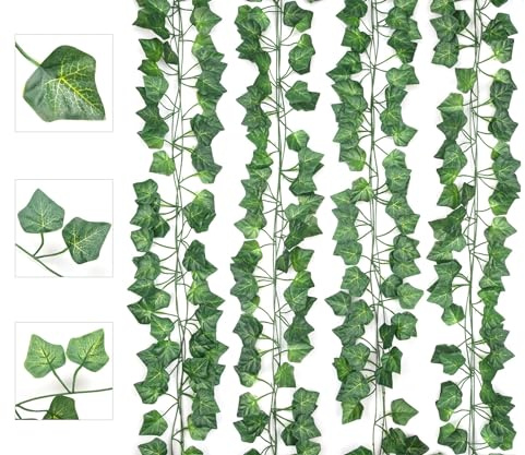 AIOR 12 Stück Efeu Künstlich Girlande Künstliche Pflanzen, 200cm Hängend Blätter Girlande Fake Efeugirlande für Garten Hochzeit Balkonp Party Wanddekoration Aesthetic Room Decor