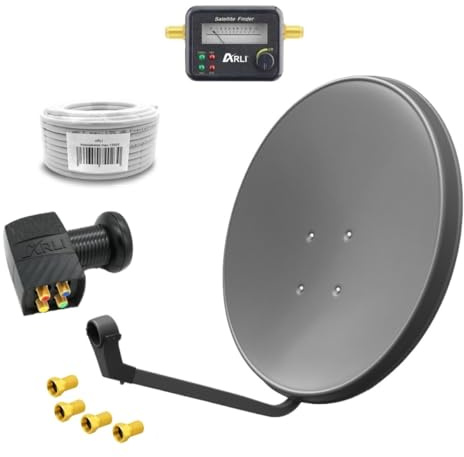 60 cm HD Sat Anlage Quad LNB + 15 m Koaxialkabel 135 dB + Satfinder + 4 F-Stecker Digital 4 Teilnehmer Antenne Grau UHD 4K